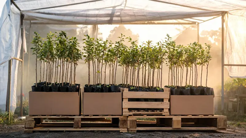 Mudas prontas, em caixas sobre pallets
