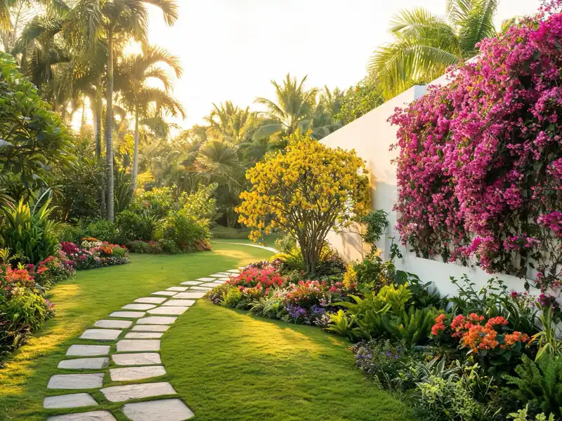 Jardim com caminho de pedras e flores