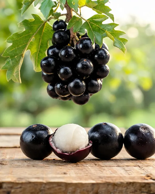 Ilustração: cacho de frutinhas escuras de uva-jabuticaba e frutos sobre a mesa