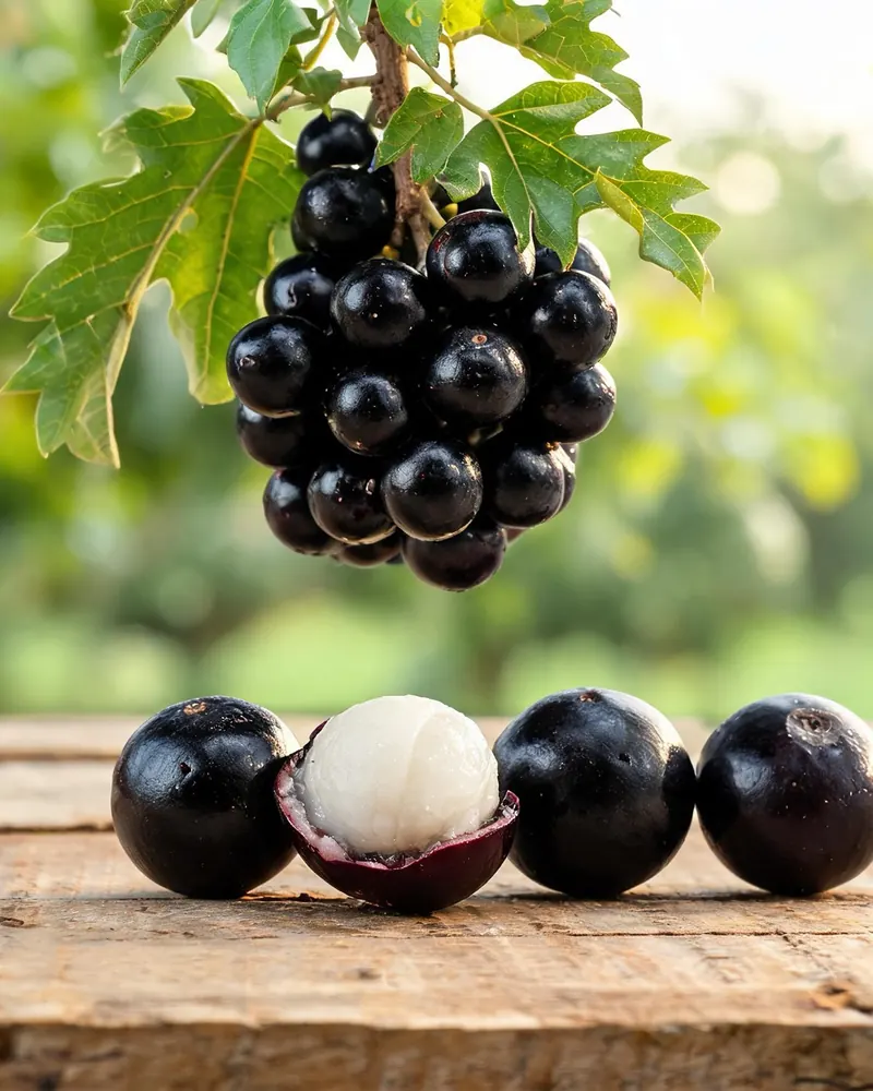 Ilustração: cacho de frutinhas escuras de uva-jabuticaba e frutos sobre a mesa